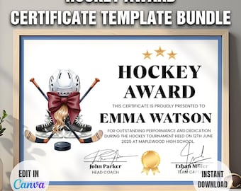 Modello di certificato di premiazione di hockey modificabile su Canva - Certificato di premiazione della squadra di hockey, MVP, allenatore, certificato di premiazione sportiva, stampabile, download immediato