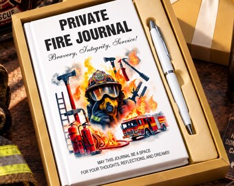 May include: A white journal titled PRIVATE FIRE JOURNAL with the subtitle Bravery, Integrity, Service! and a graphic of a firefighter, fire truck, and tools. The journal is in a gold gift box with a white pen. Text reads: MAY THIS JOURNAL BE A SPACE FOR YOUR THOUGHTS, REFLECTIONS, AND DREAMS!