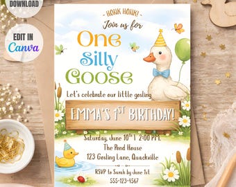One Silly Goose 1st Birthday Invitation, Goose First Birthday Invite, Duck Theme Party, Honk Honk One Birthday Printable Template Invitation