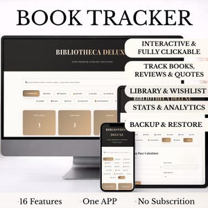 Puede incluir: Un rastreador de libros digital que se muestra en un monitor de computadora, tableta y teléfono inteligente. La interfaz incluye funciones para rastrear libros, reseñas, citas y una biblioteca/lista de deseos. El texto en la pantalla dice "BOOK TRACKER".