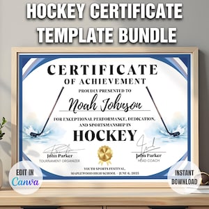 Könnte beinhalten: Eine gerahmte Zertifikatvorlage für Hockey-Erfolge. Das Zertifikat hat ein blau-weißes Design mit Hockeyschlägern und dem Text "Certificate of Achievement". Der Text enthält "Noah Johnson" und "Hockey".