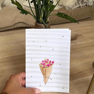 Carte de vœux, bouquet de tulipes roses en aquarelle.
