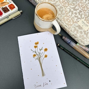 Carte de vœux « bonne fête » en aquarelle. Bouquet de fleurs jaunes.