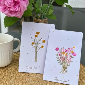 Lot de 2 cartes de vœux « bonne fête » en aquarelle. Bouquets de fleurs.