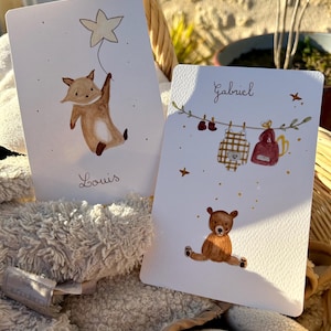 Lot de 2 cartes de naissance/voeux en aquarelle, renard et ourson. Personnalisables pour les prénoms, dans la personnalisation.