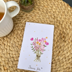 Carte fête de vœux «  bonne fête » en aquarelle. Bouquet de fleurs roses et jaunes.