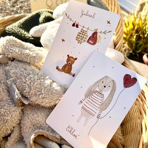 Lot de 2 cartes de naissance/voeux en aquarelle, ourson et lapinou. Personnalisables pour les prénoms, dans la personnalisation.