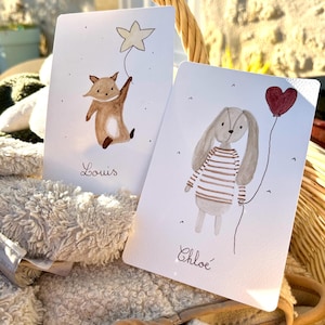 Lot de 2 cartes de naissance/voeux en aquarelle, renard et lapinou. Personnalisables pour les prénoms, dans la personnalisation.