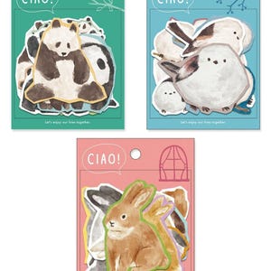 May include: Three packs of decorative stickers with animal illustrations. One pack features panda bears, another birds, and the third rabbits. Each pack has the word "CIAO!" in a speech bubble and the text "Let's enjoy our lives together."