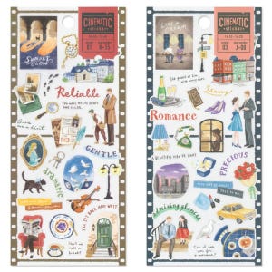 Può includere: Due fogli di adesivi a tema cinematografico. Un foglio presenta illustrazioni di un tramonto, un orologio da tasca e la parola "Reliable". L'altro foglio include illustrazioni di una coppia, un mazzo di fiori e la parola "Romance".