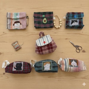 Handgefertigte Stoffbeutel & Mini-Rucksack - Katze, Avocado, Mädchen - Kleine Kosmetiktasche, Geldbörse, Tartan-Beutel, Baumwollgeschenk, Handwerkertasche