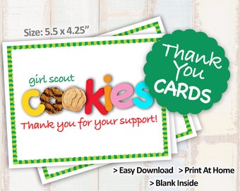 Sale! 2021 Girl Scout Cookie THANK YOU CARD Blank Note Cards Printables 2/page & 4/page Printable Cookie Booth Decor Supplies -->On Sale!<--