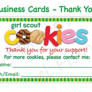 Girl Scout BUSINESS CARDS Thank You Cards Printables Girl Scouts Cookies Booth Decor 8.5 x 11 Printable cookie supplies door sign