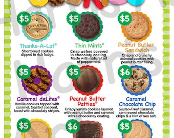 NEW! 2020 ABC Girl Scout Cookie Price List GS Booth Menu 8.5 x 11 Printable 2 Versions All Cookies 5.00, Choc Chip + S'mores 6.00