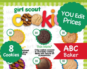 EDITABLE 2021 ABC Girl Scout Cookie Price List GS Booth Menu 8.5x11 Printable Easy to Edit: Y O U Fill-In Prices 2 Versions >Only 8 Cookies<