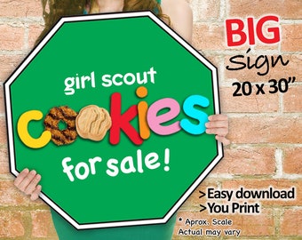 Girl Scout Cookies STOP Sign Cookie Booth Printable JUMBO GREEN 20x30 and Girl Scouts Cookie Booth Decor Banner Supplies, Plus Bonus 8.5x11