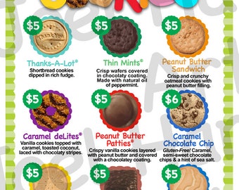 NEW! 2020 ABC Girl Scout Cookie Price List GS Booth Menu 8.5 x 11 Printable 2 Versions Cookies 5.00 Choc Chip 6.00