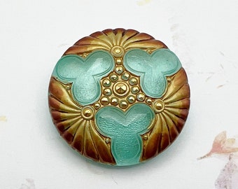36mm Round Triple Clover Button, Mint Green Center with Red Gold Edges and Gold Painted Accents, Shank Button, Czech Glass Buttons