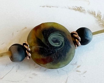Lamp Work Focal Bead Set, Mermaid Pillow Tumbled Coin Focal Bead, Czech Glass Frosted Blue Spacer Beads And Antique Copper Tierra Cast Swirl