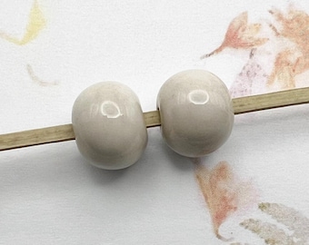 Set of Two, Solid Color Glazed Round Stoneware Beads in Old Lace Glaze, Large Hole Beads, Spacer Beads, Golem Beads