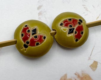 Sets of 2 Golem Design Studio Small Lentil Shaped Beads, Handcrafted Stoneware Beads, Hand Carved and Glazed Stoneware Beads, Large Hole