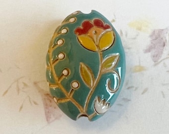 Hand Carved Stoneware Flower Bead: Almond Shaped Ceramic Pendant