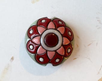 Flower Mandala Stoneware Bead: Hand-Carved Lentil Pendant