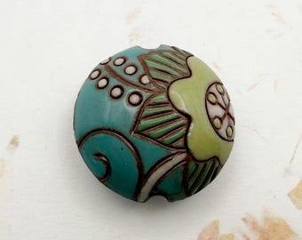 Cotton Flower, Blue Green Blossoms Petals, Terracotta Lentil Shaped Bead