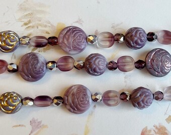 Berry Roses Czech Glass Bead Mix, 7 Inch Strand of Assorted Table Cut Czech Glass Beads in Berry Tones