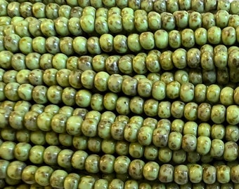 6/o Royal Jade Picasso, Three Cut Czech Glass Seed Beads, 4mm Trica Beads, 21 Inch Strand, Approximately 150 Per Strand, 13 Grams