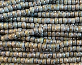 6/o Aged Alabaster Picasso, Larger Hole Czech Glass Seed Beads, 4mm Seed Beads , 20 Inch Strand, Approximately 150 Per Strand, 13 Grams