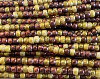 6/o Aged Metallo Mix, Czech Glass Seed Beads, 4mm Matte Metallo Seed Beads, 20 Inch Strand, Approximately 150 Per Strand, 13 Grams