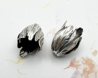 Set of 2, Silver Plated Brass Blooming Tulip End Caps, 20x17mm Antique Silver End Caps, End Caps, Made in the USA
