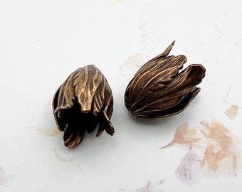 Set of 2, Antique Copper End Caps, 20x17mm, Blooming Tulip, End Caps, Copper Plated Brass End Caps, Made in the USA
