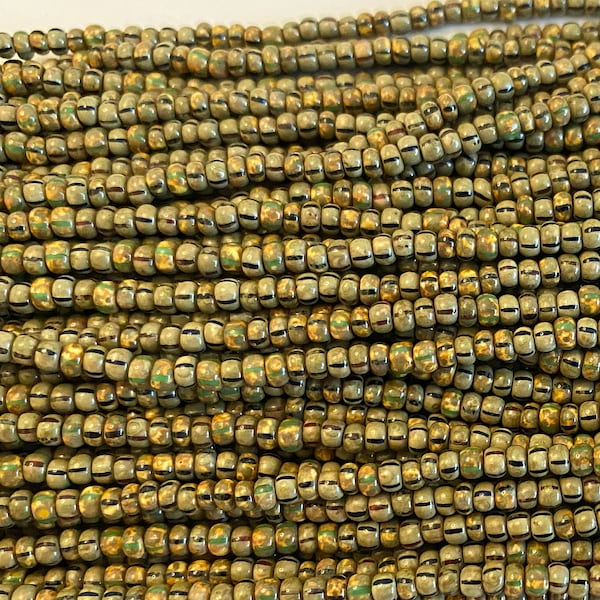 8/o Aged Striped Picasso Mix, Size 8 Round, Czech Glass Seed Beads, 20 Inch Strand, Approximately 7 Grams Each