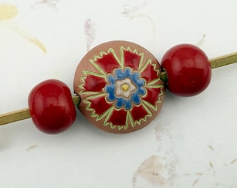 Artisan Stoneware Beads, Set of 3, Hand Glazed Ceramic Beads, Red Rounds