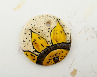 Hand Painted Stoneware Sunflower Pendant, Cheerful Floral Charm, 30mm Diameter