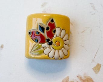 Daisy Ladybug Ceramic Pendant Bead, Butternut Yellow Pillow Bead