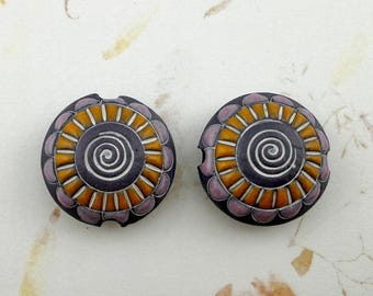 Sets of 2, Medium Lentil Shaped Beads, Artisan Handcrafted, Glazed Stoneware, Large Hole