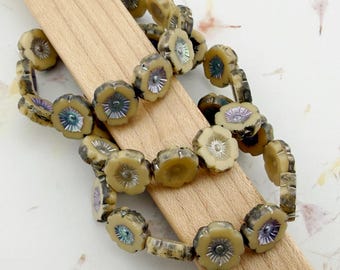 Hibiscus Flower Beads, 12mm, Beige with Antique Silver and AB Finishes, 12 Per Strand
