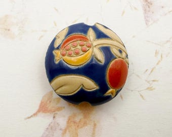Hand Carved Pomegranate Lentil Bead: Blue Ceramic Focal Bead