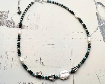 Baroque Pearl Necklace: Turquoise Heishi, Czech Glass, Freshwater Pearls