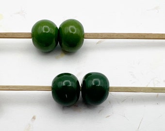 Set of Two, Solid Color Glazed Round Stoneware Beads in Green Tones, Large Hole