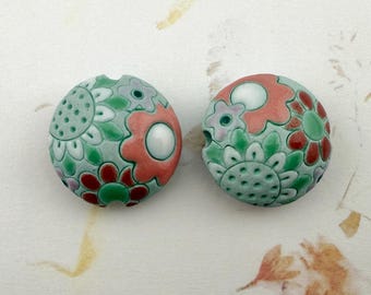 Sets of 2, Medium Lentil Shaped Beads, Artisan Handcrafted, Glazed Stoneware, Large Hole