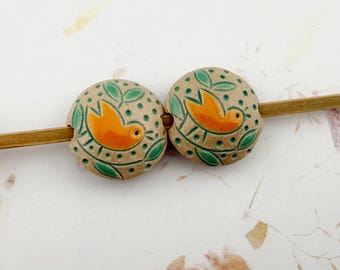 Chirping Bird Stoneware Lentil Beads, Hand Carved, Large Hole, Set of 2, Mixed Technique
