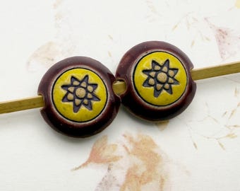 Sets of 2 Golem Design Studio Small Lentils, Handcrafted Stoneware Beads, Hand Carved Stoneware Beads, Glazed Stoneware Beads, Large Hole