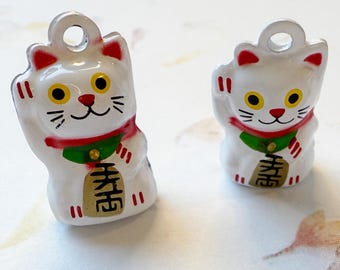 White Enamel Maneki-Neko Bell Charm, Beckoning Cat