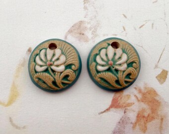 Hand Stamped Stoneware Flower Charms, Majolica Design, Set of Two