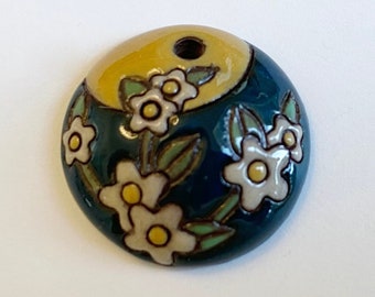 Domed Small Terracotta Pendant,  Moonlight Blossoms on Terracotta, Small Round Pendant, Carved and Glazed Terracotta