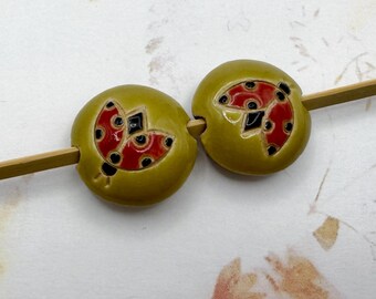 Ladybug Stoneware Lentil Beads, Hand Carved, Large Hole, Set of 2